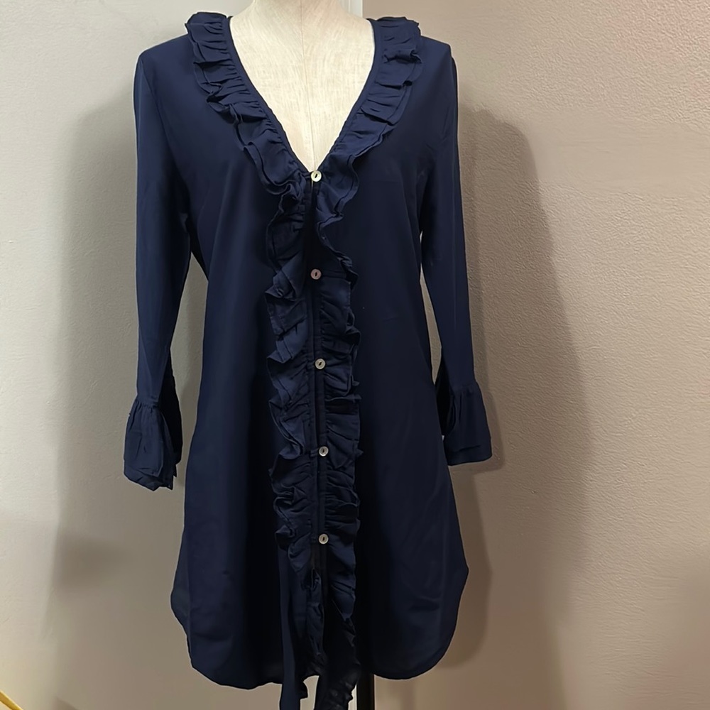 ELIZABETH Hurley Cotton Beach Navy Beach Cover Ruffle Neck and Sleeve size M